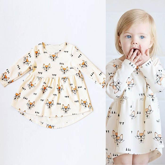 Ins Girls Fox Glasses Dresses Bow Tie Printed Long Sleeve Knee-Length A-Line Cotton Infant Toddler Baby Casual Fashion Princess Cloth 6M-4T